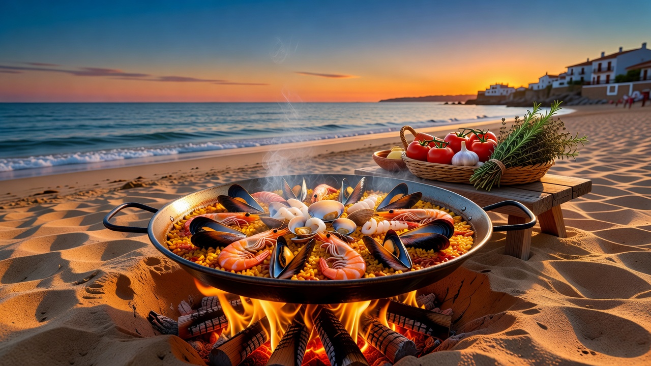Cocina de paella en la playa